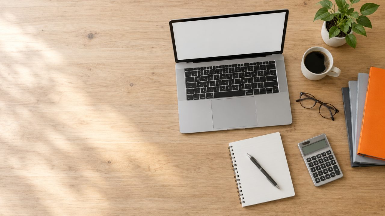 Γραφείο με laptop, σημειωματάριο και αριθμομηχανή
